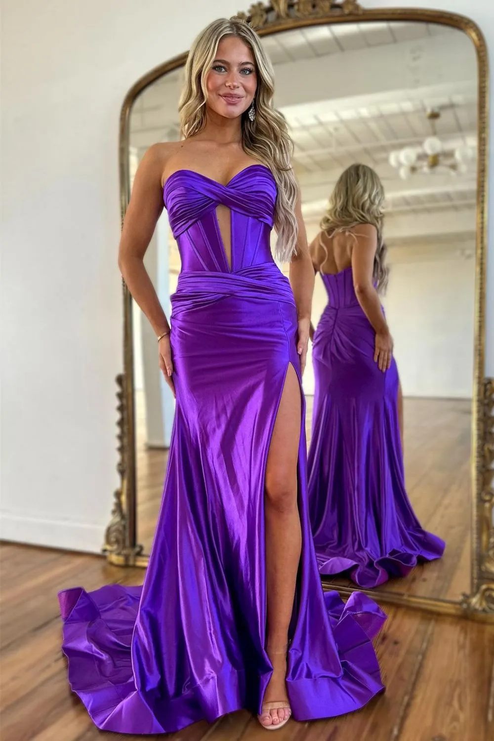 Long Purple Satin Mermaid Prom Dress with Sweetheart Corset and Split
