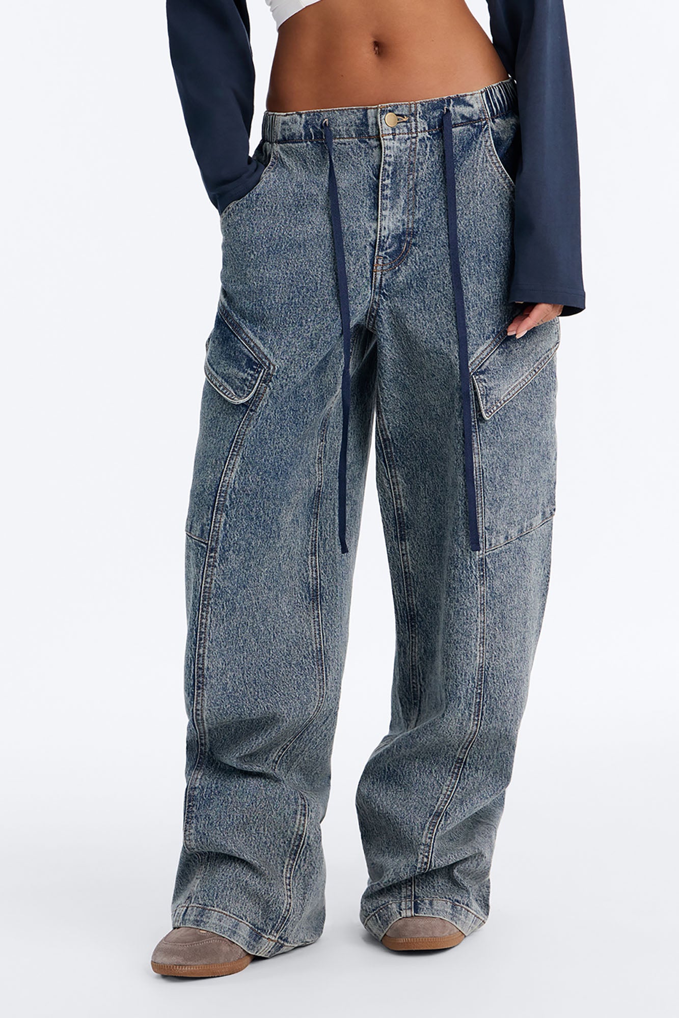 Ground Work EZ Waist Baggy Cargo Jeans - Vintage Wash