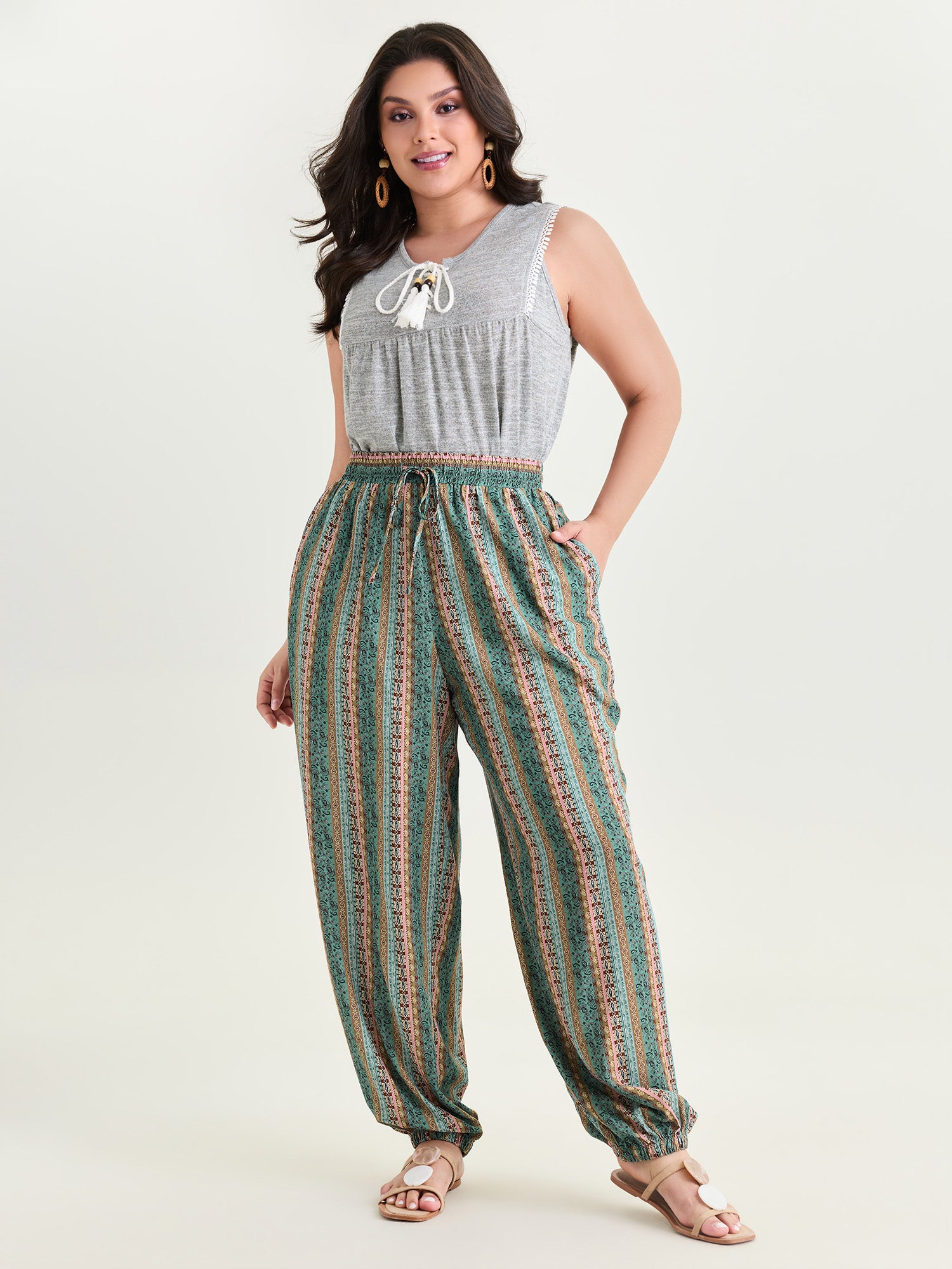 Boho Striped Print Drawstring Pants