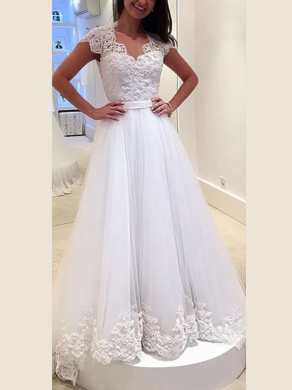 Exquisite V-Neck Short Sleeves Tulle A-Line Wedding Dresses with Ribbon