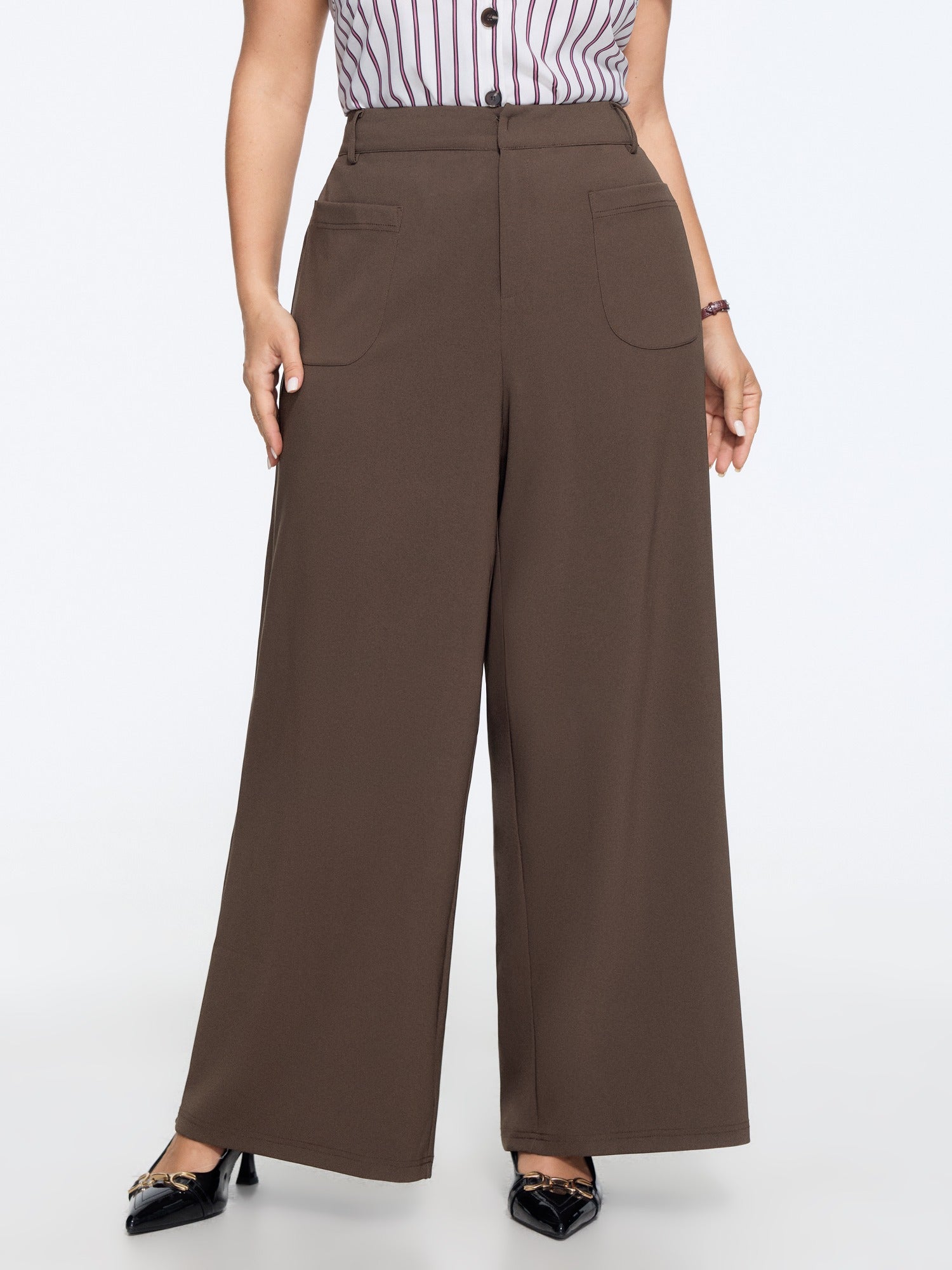 Stretchy Patch Front Pockets Wide Leg Pants
