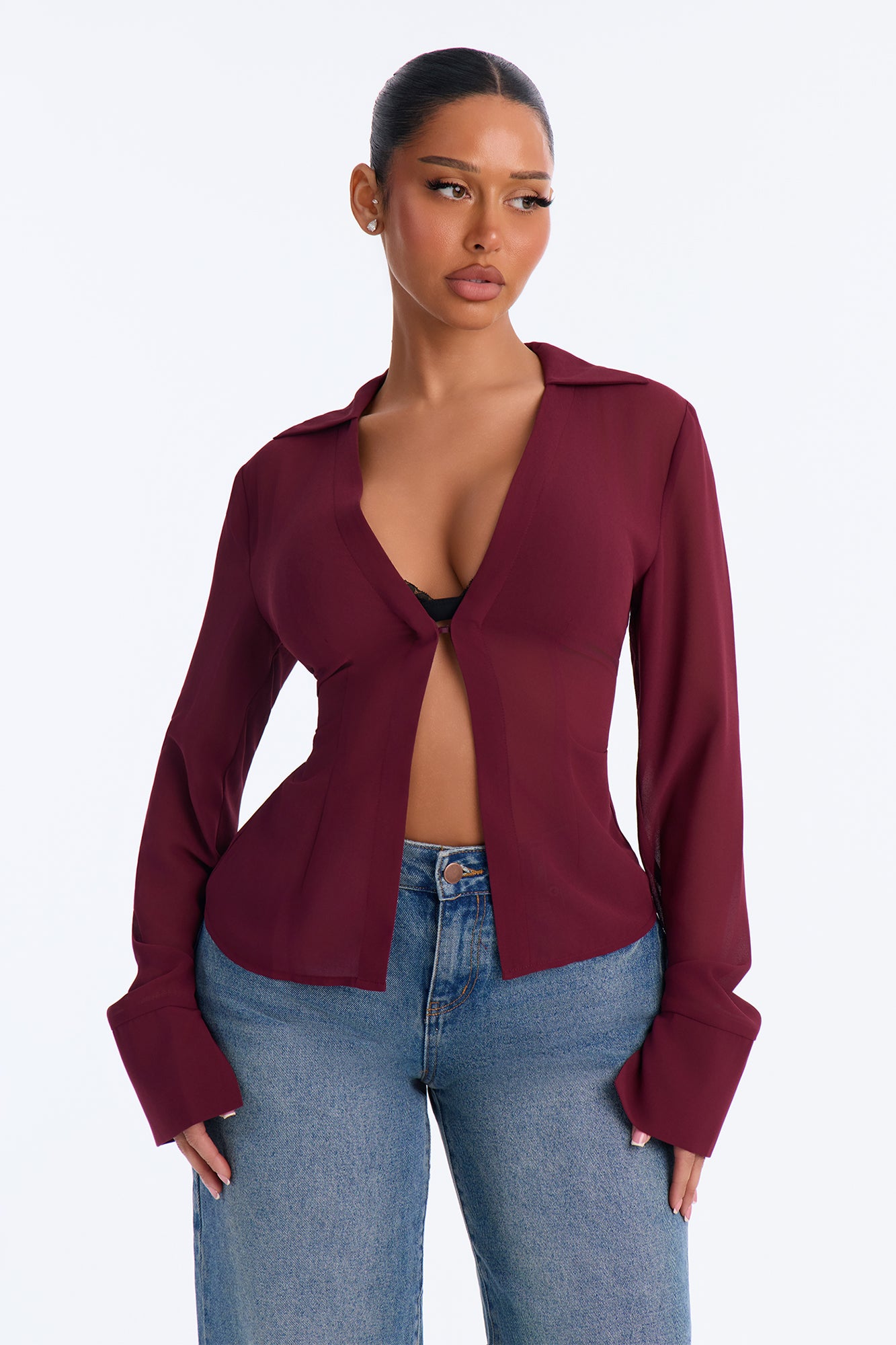 See Through Me Buckle Chiffon Blouse - Wine
