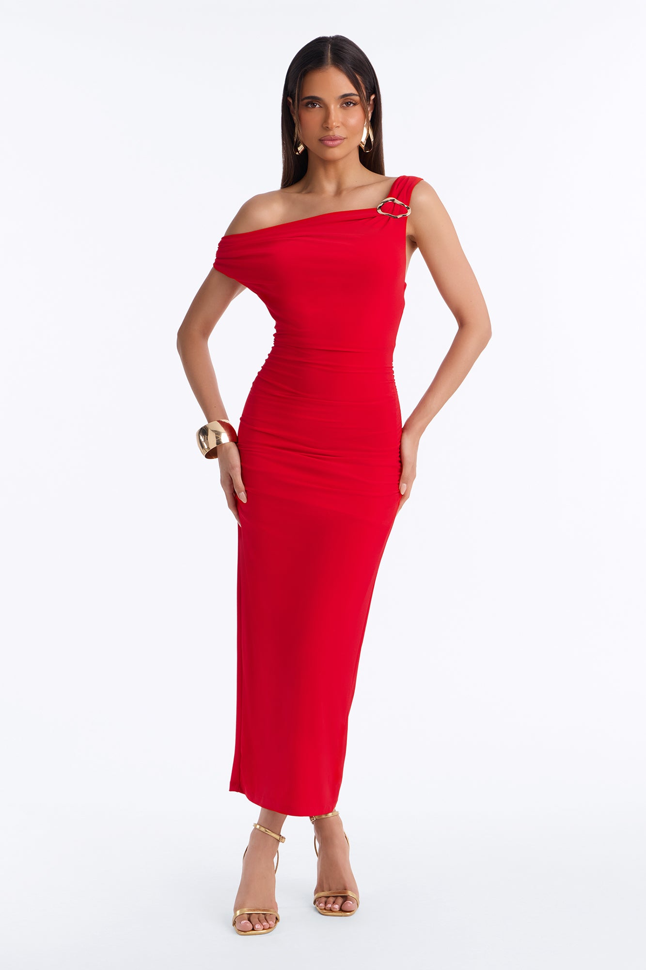 Trouble In Heels Cowl Midi Dress - Red