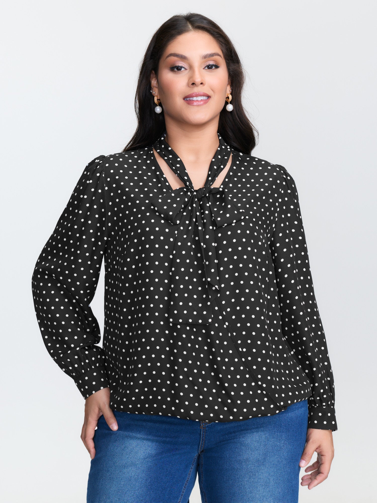 Retro Polka Dots Ribbon Neckline Blouse