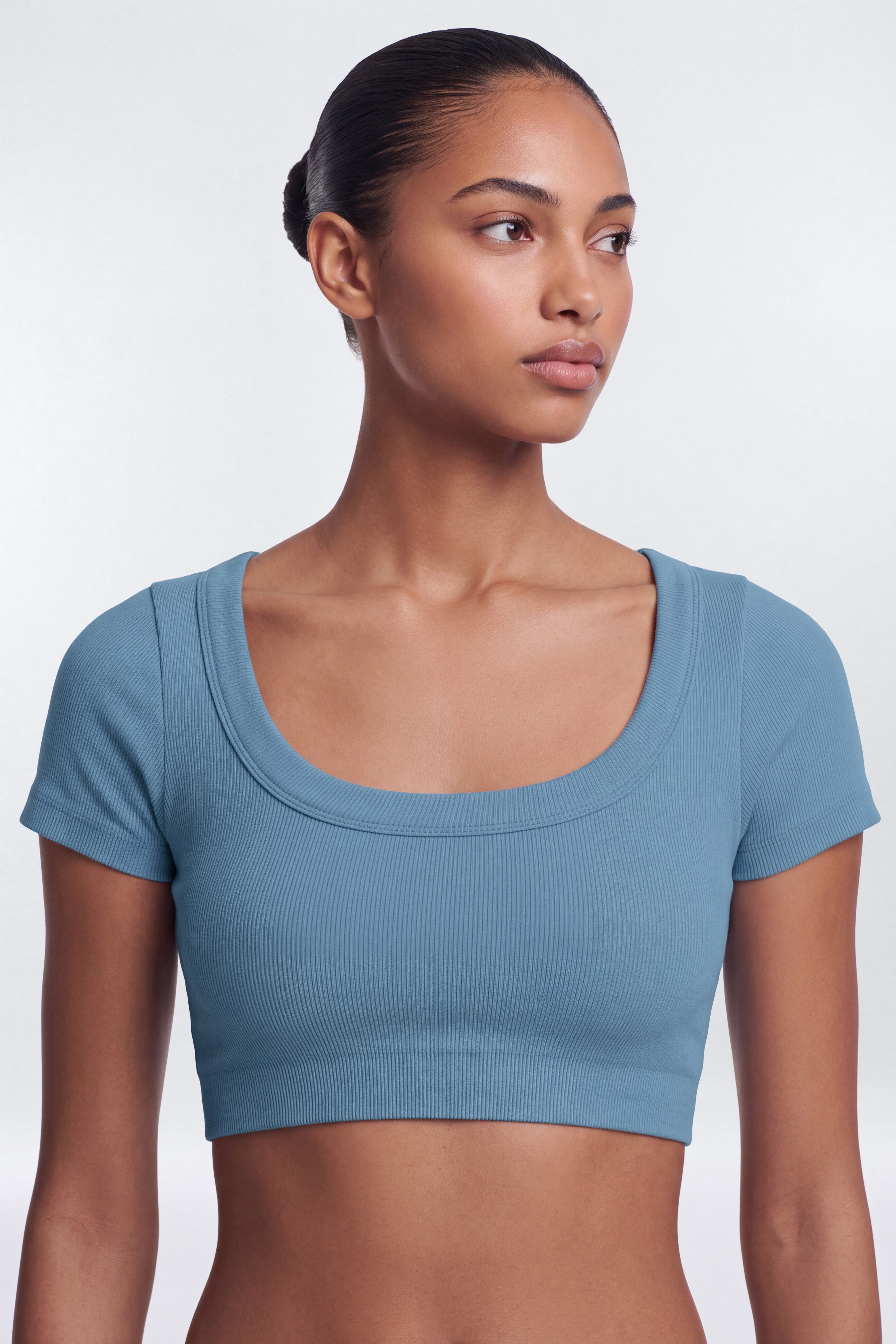 CottonFlex™ Short Sleeve Cropped Sports Top - Soft Indigo