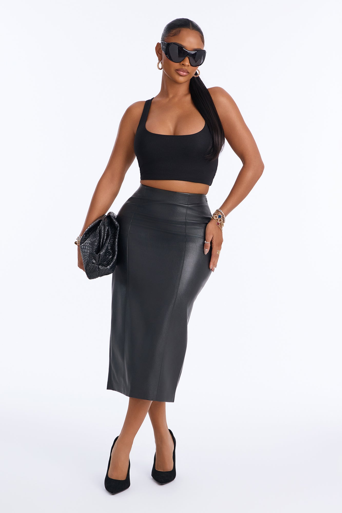 Dominique High Rise Faux Leather Midi Skirt - Black