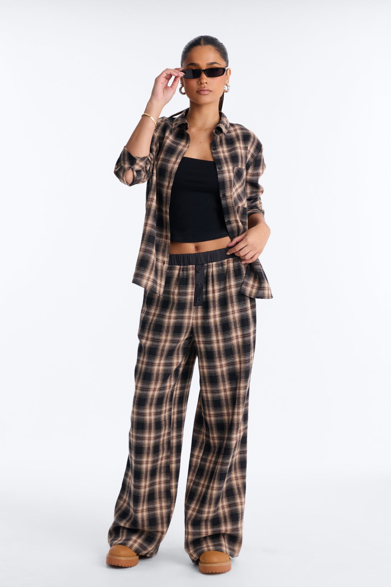 Keep It Plaid Pant Set - Taupe/combo