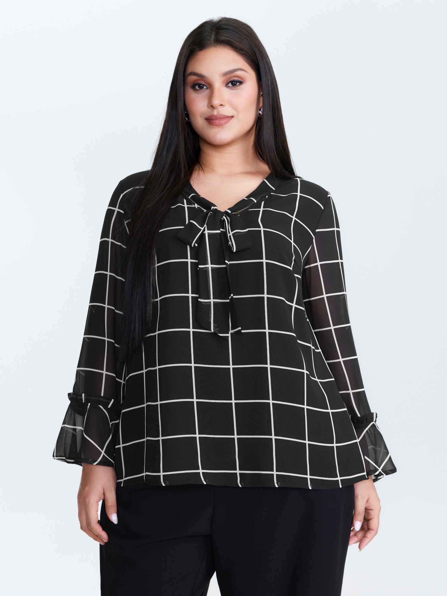 Grid Print Ruffled Sleeve Ribbon Neckline Blouse
