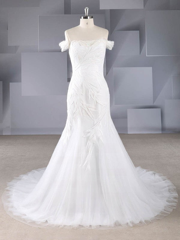 Elegant Appliques Lace Trumpet Off-The-Shoulder Tulle Sweep Train Wedding Dresses