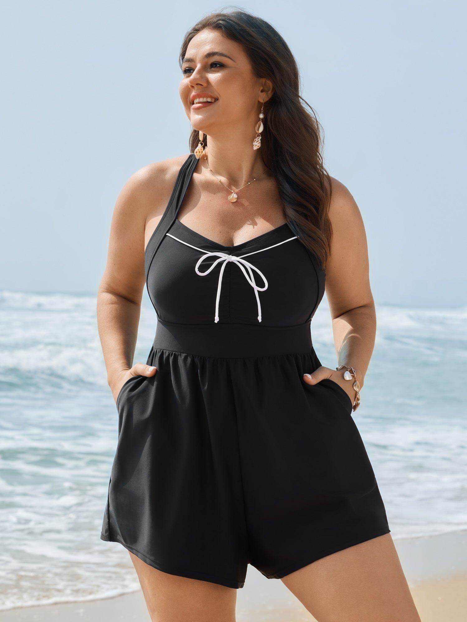 Bow-Tie Color Contrast Shirred Swim Romper