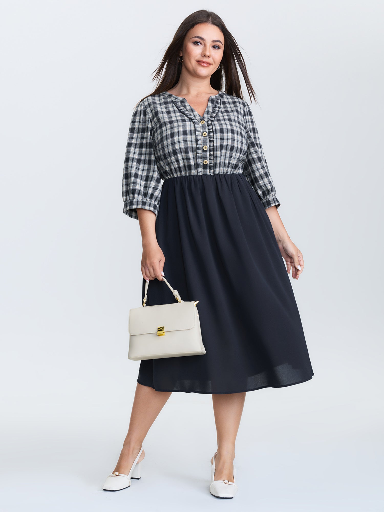 Grid Print Color Contrast Ruffled Midi Dress