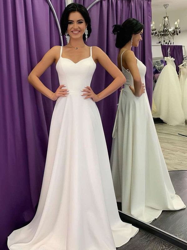 Stunning A-Line Spaghetti Straps Sleeveless V-Neck Satin Wedding Dresses with Sweep Train