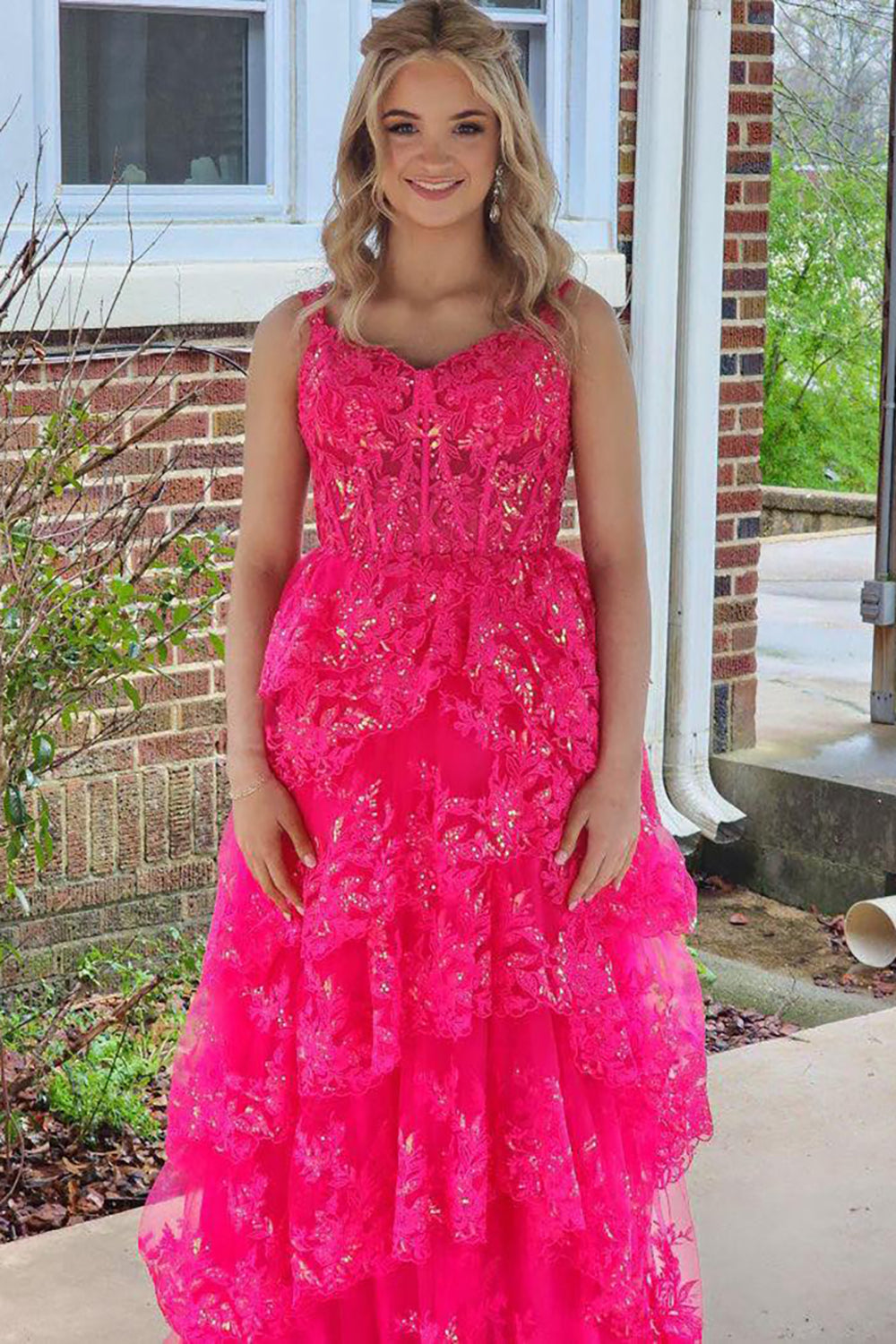 Long Corset Prom Dress in Fuchsia with Spaghetti Straps A-line Tulle and Tiered Appliques