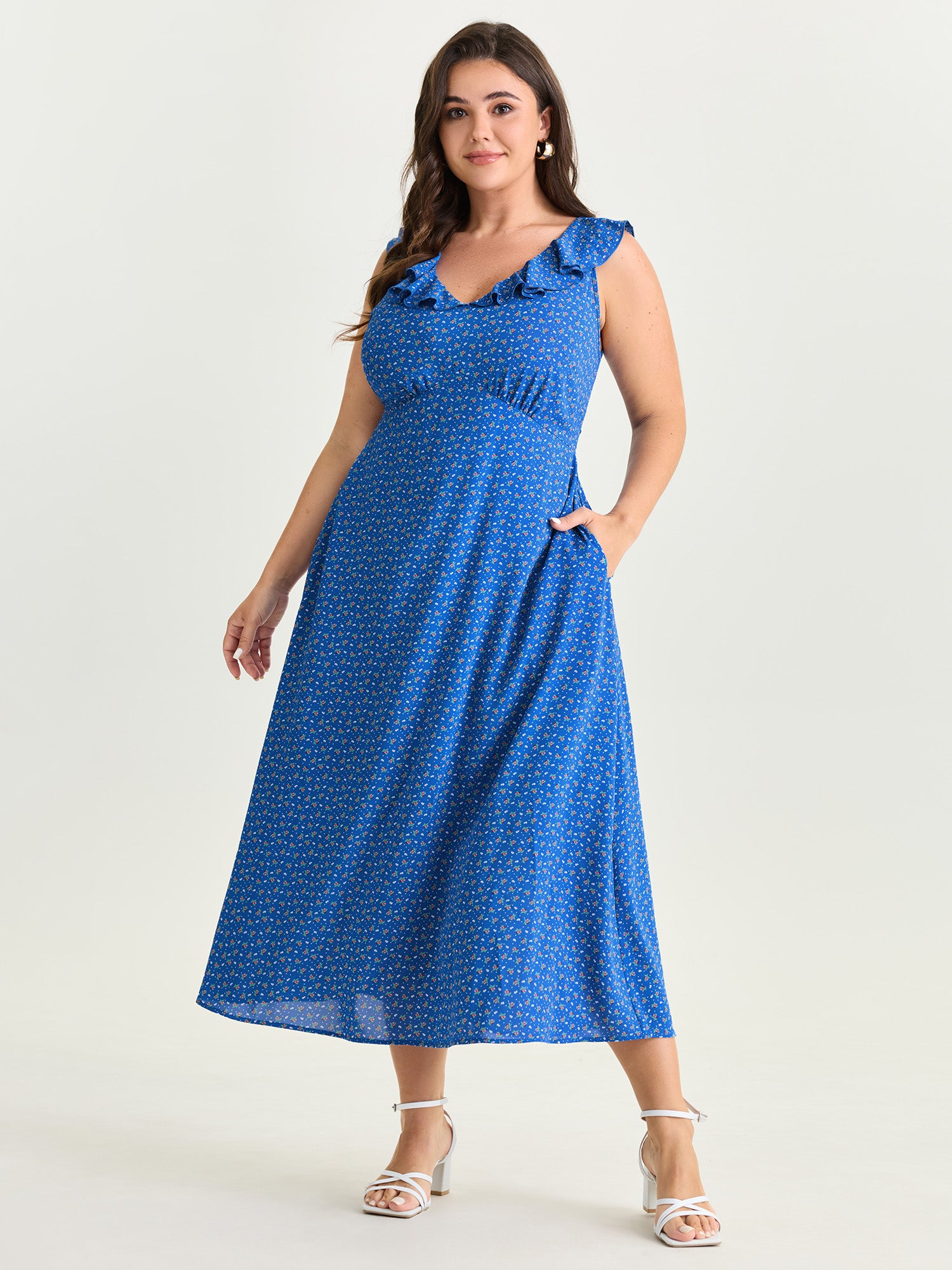 Ruffled Neckline Micro Floral Print Midi Dress