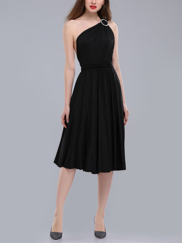 Glamorous A-Line One-Shoulder Sleeveless Tea-Length Bridesmaid Dresses with Ruffles