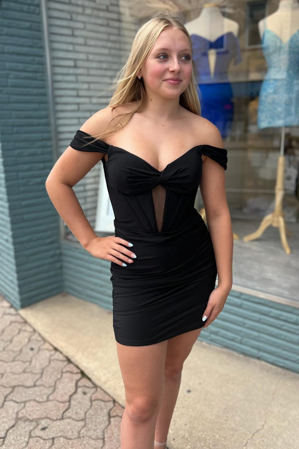 Simple Off The Shoulder Black Corset Tight Short Homecoming Dress/Mini Dress