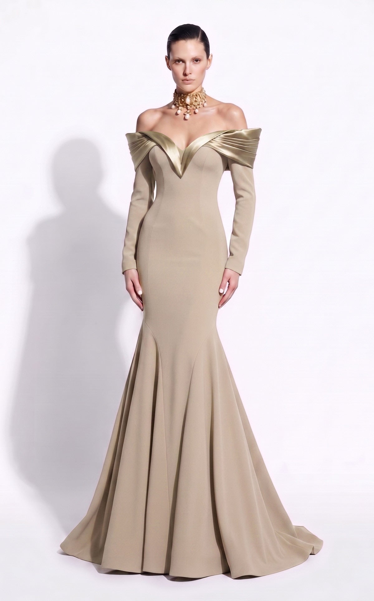 MNM COUTURE F02973A - Portrait Collar Mermaid Evening Gown