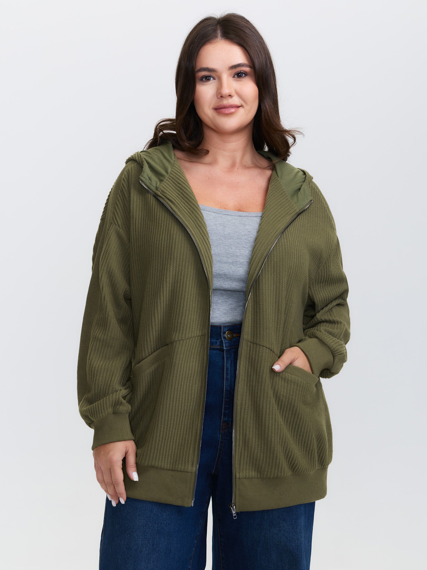 Ribbed Texture Pockets Zipper Hoodie