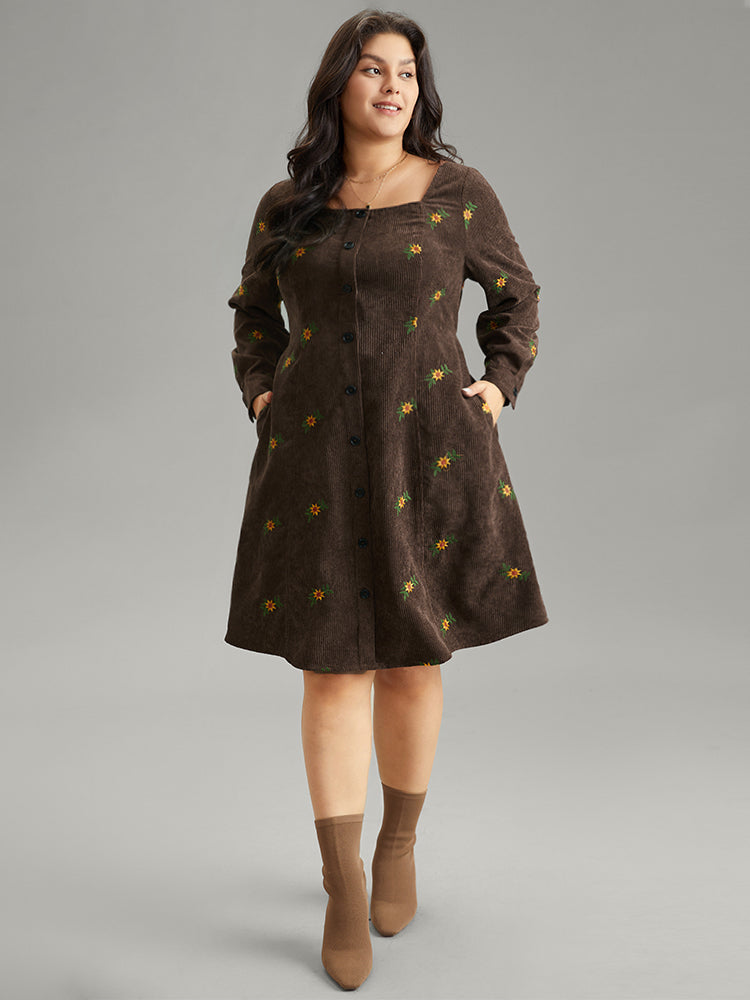 Ditsy Floral Embroidered Corduroy Square Neck Dress