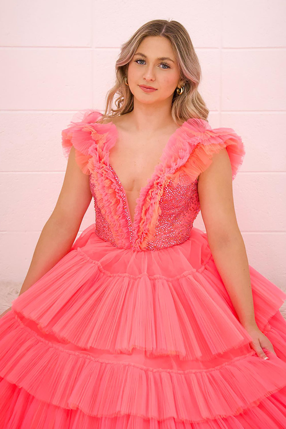 Princess Tulle Long Prom Dress in Coral with Deep V-Neck Tiered Layers and Beading