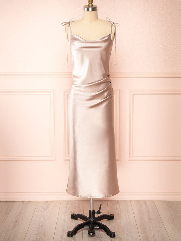 Fashionable Cowl Neck Sleeveless Sheath Tea-Length Satin Bridesmaid Dresses