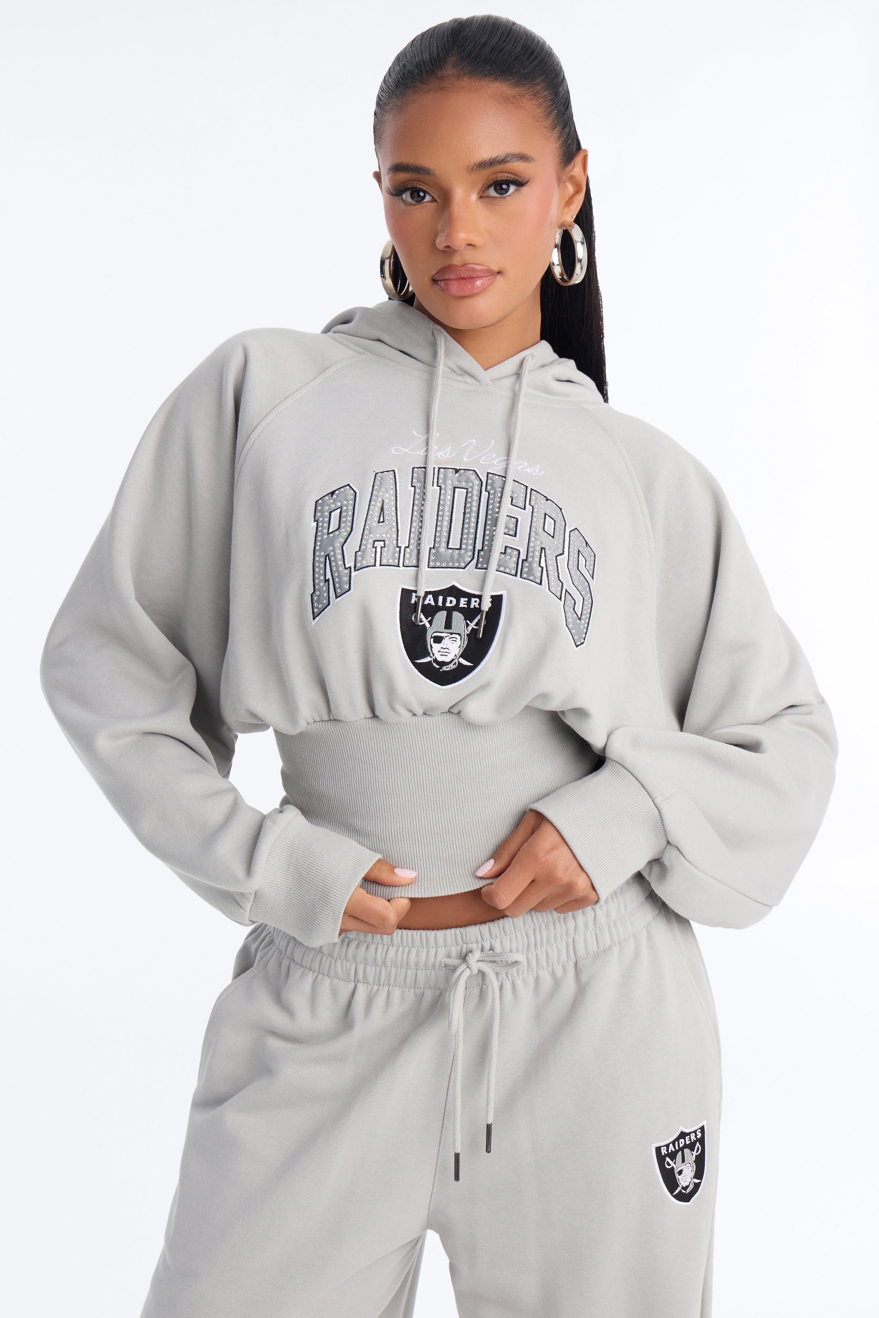 NFL Raiders Cinched Rhinestone Hoodie Sweatshirt - Grey