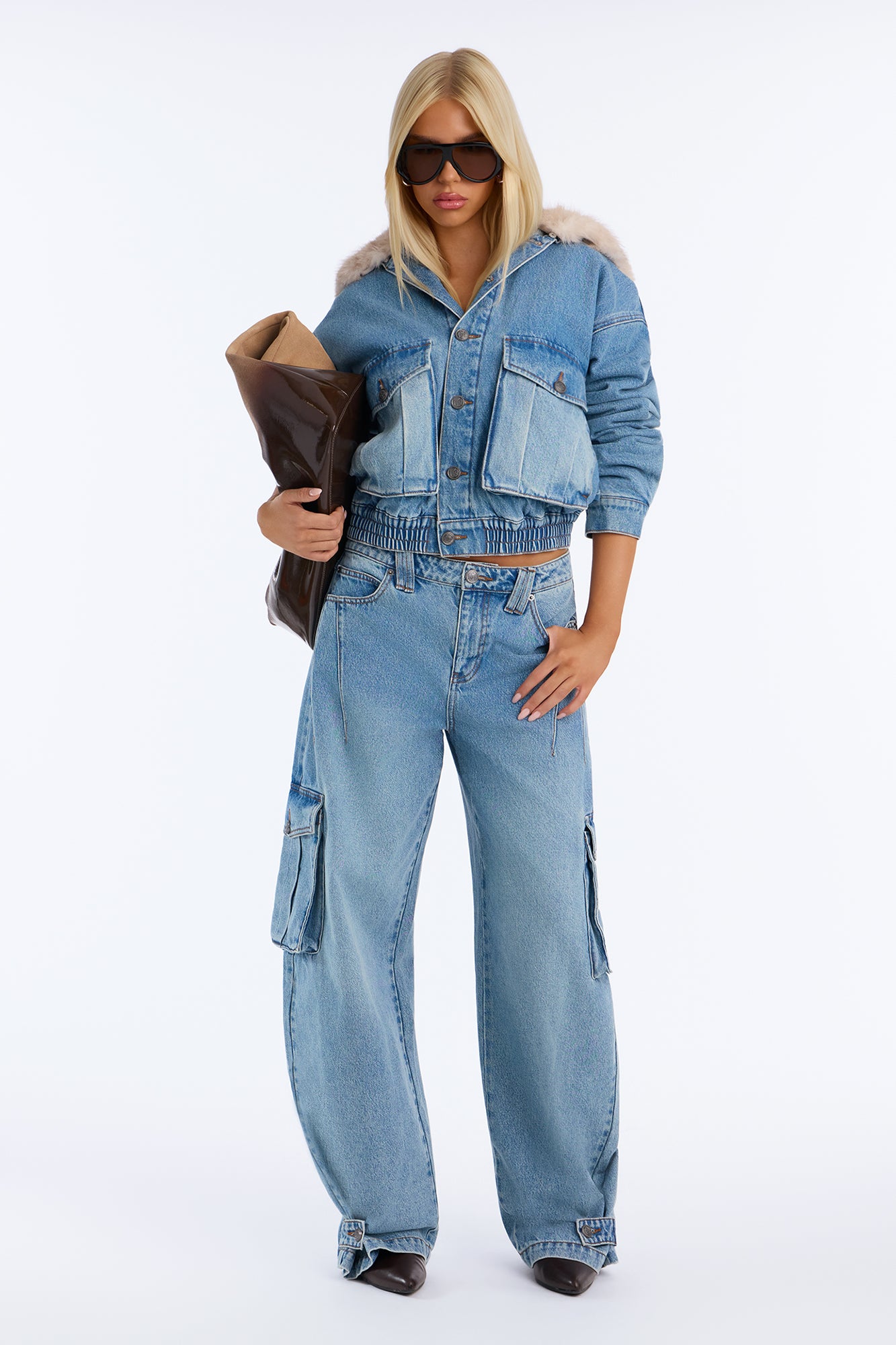 Ice Breaker Mid Waist Cargo Wide Leg Jeans - Medium Wash