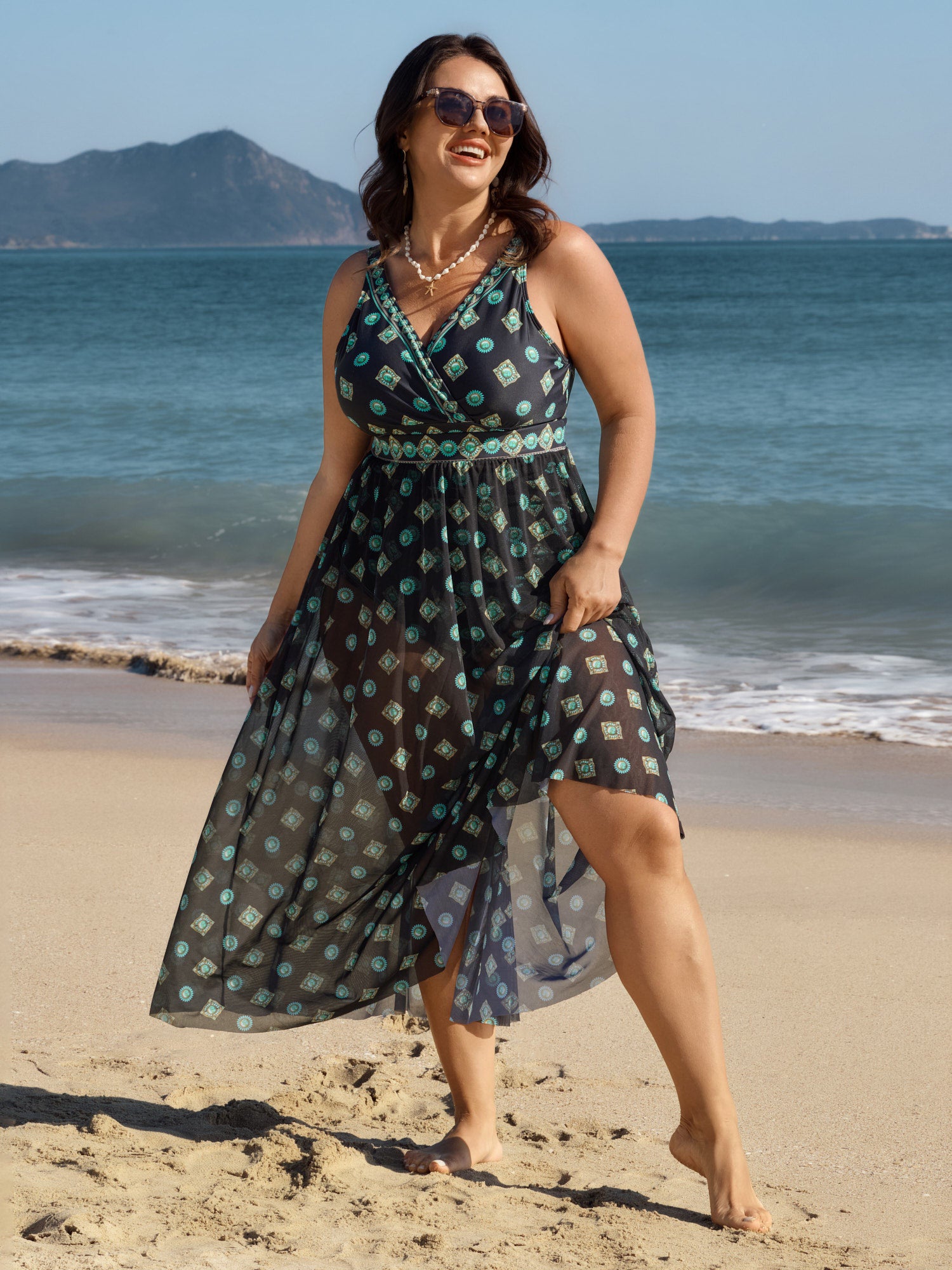 Geometric Print Pleated Tummy-Control One-Piece Swimsuit