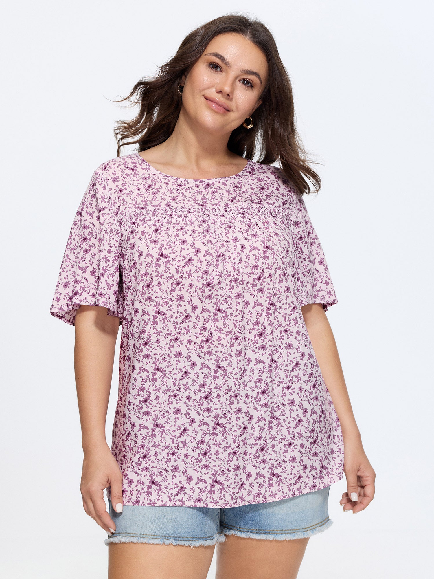 Floral Ruffle Sleeve Gathered Round Neck Blouse