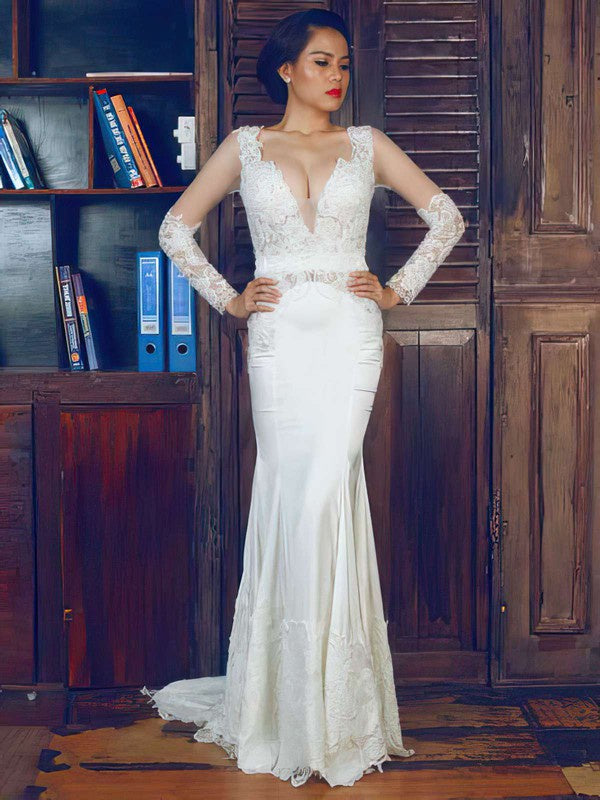 Gorgeous Mermaid V-Neck Long Sleeves Backless Satin Wedding Dresses with Sweep Train