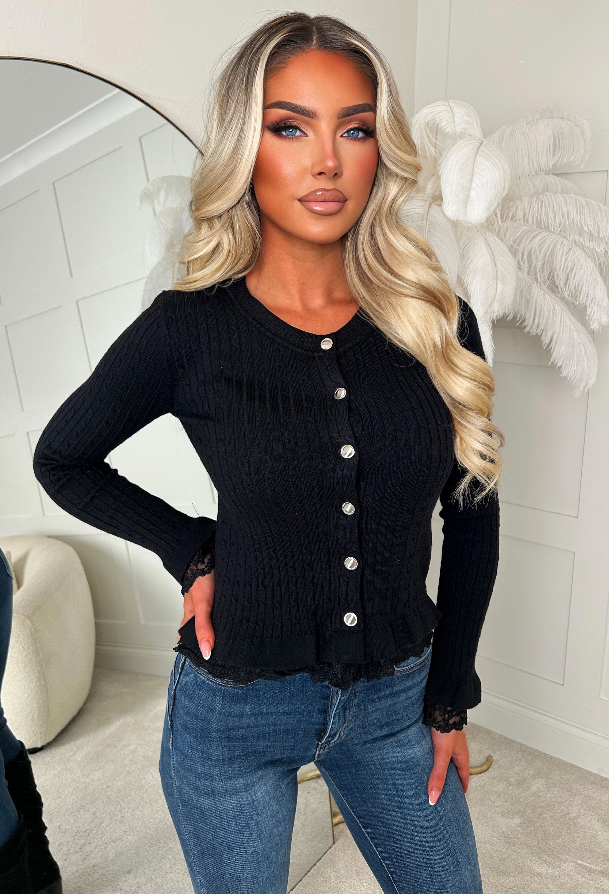 Lacie Black Cable & Lace Button Cardigan