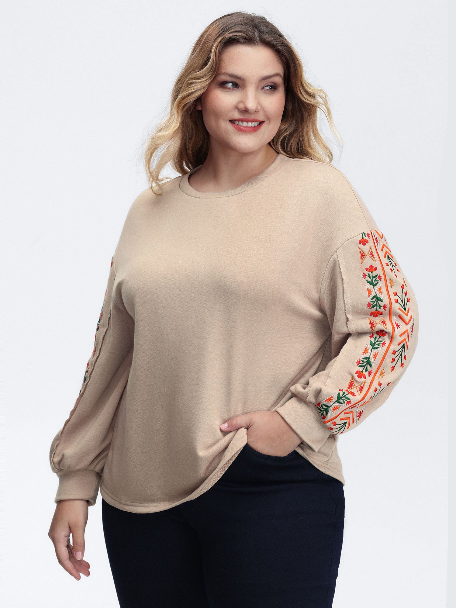 Floral Embroidered Sleeve Sweatshirt