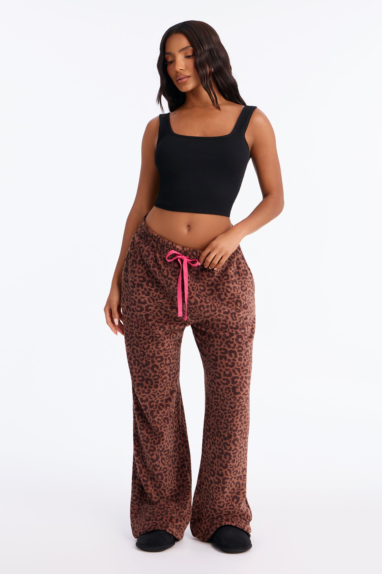 Keep It Wild Leopard Wide Leg Plush PJ Pant - Brown/Brown
