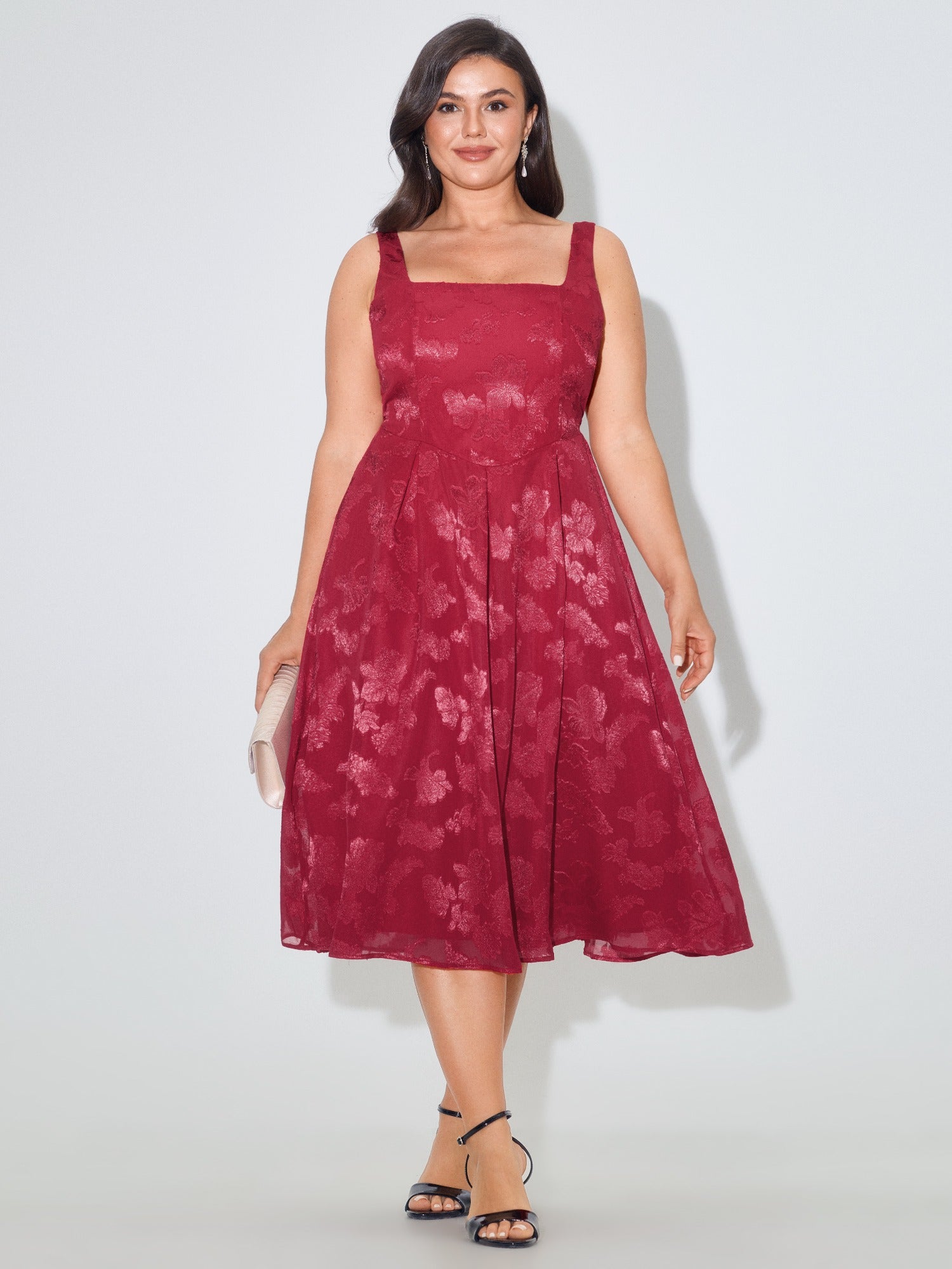 Textured Floral Square Neck Sleeveless Midi Dress