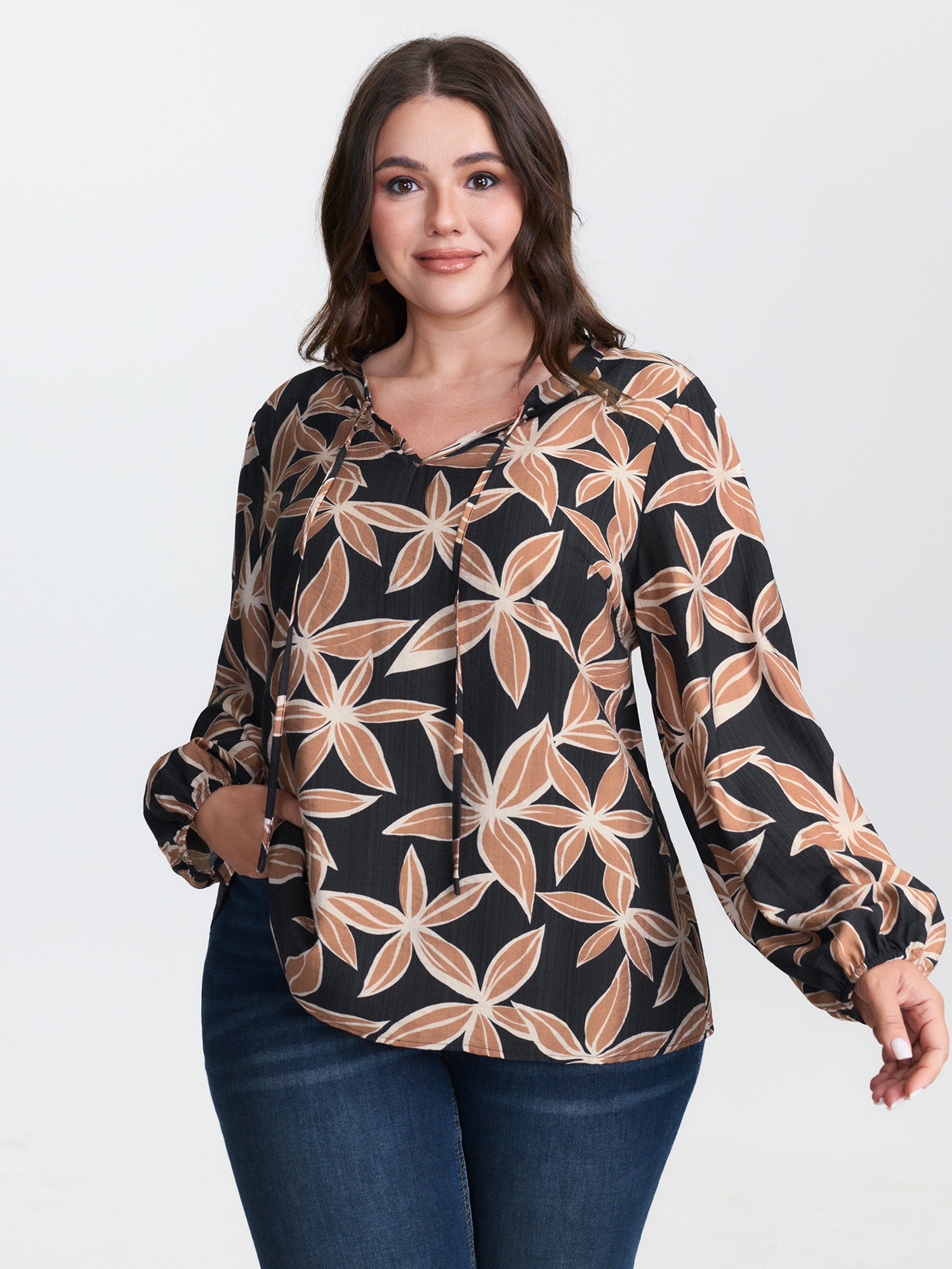 Large Floral Print Notched Collar Blouse