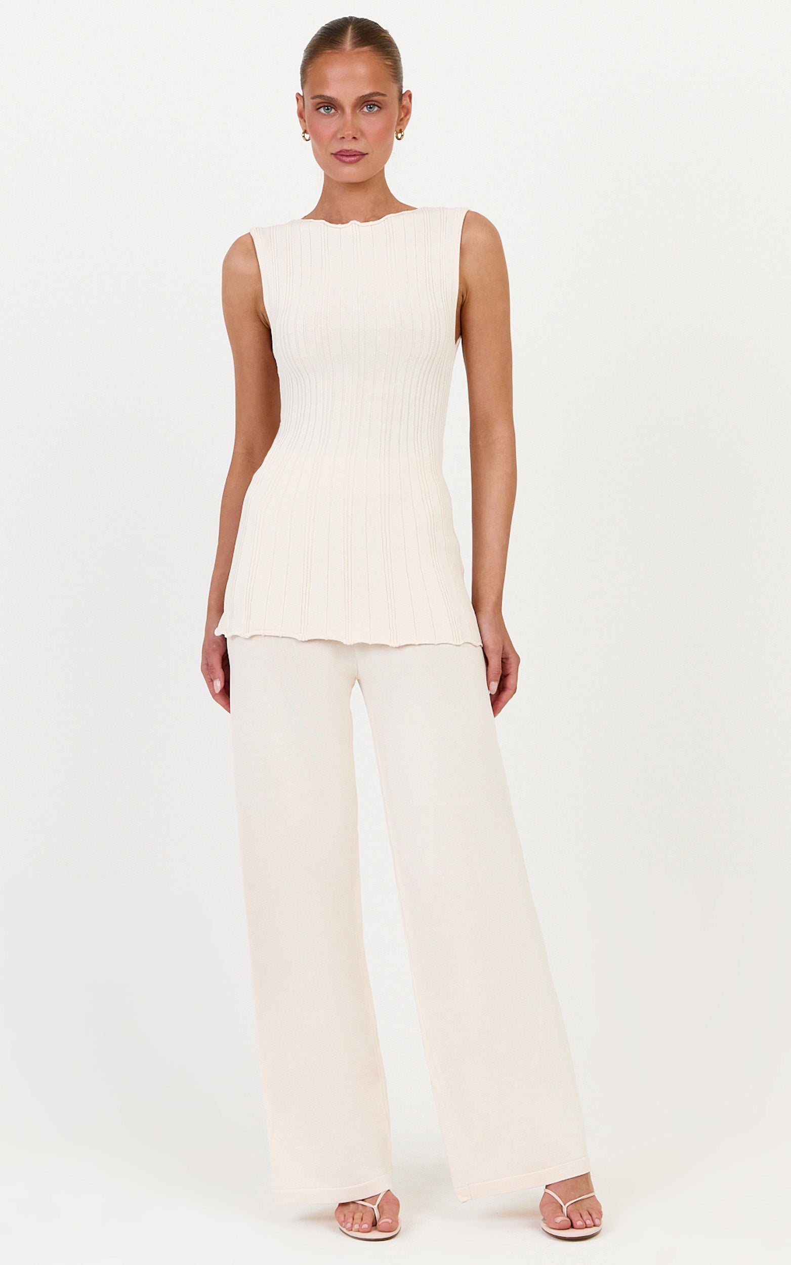 Elodie Two Piece Set - Rib Knit Top and Pant Set in Off White
