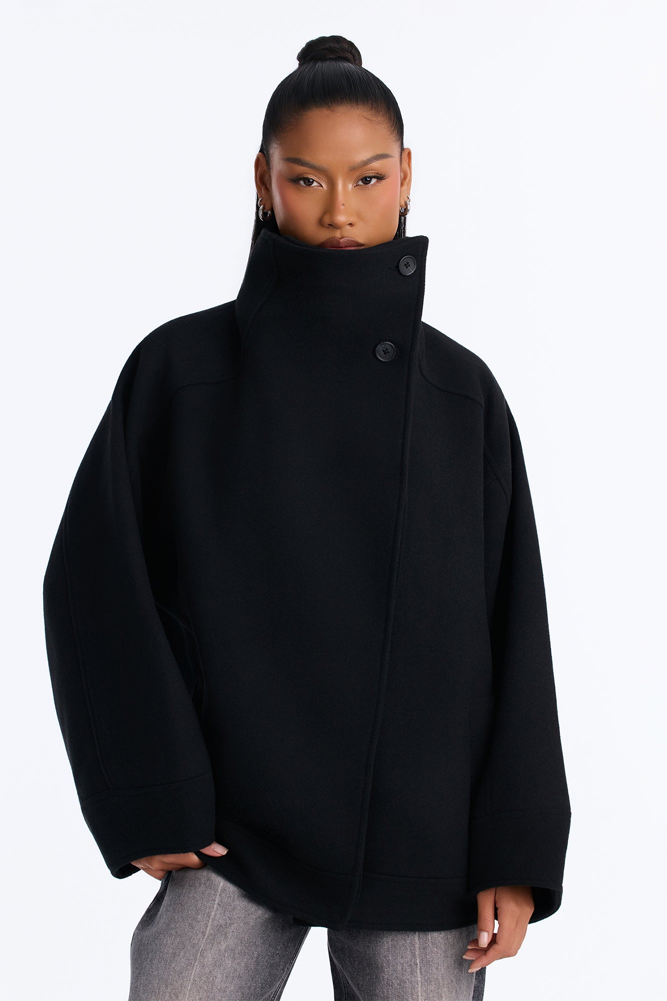 Sunday Morning Wool Blend Funnel Neck Coat - Black