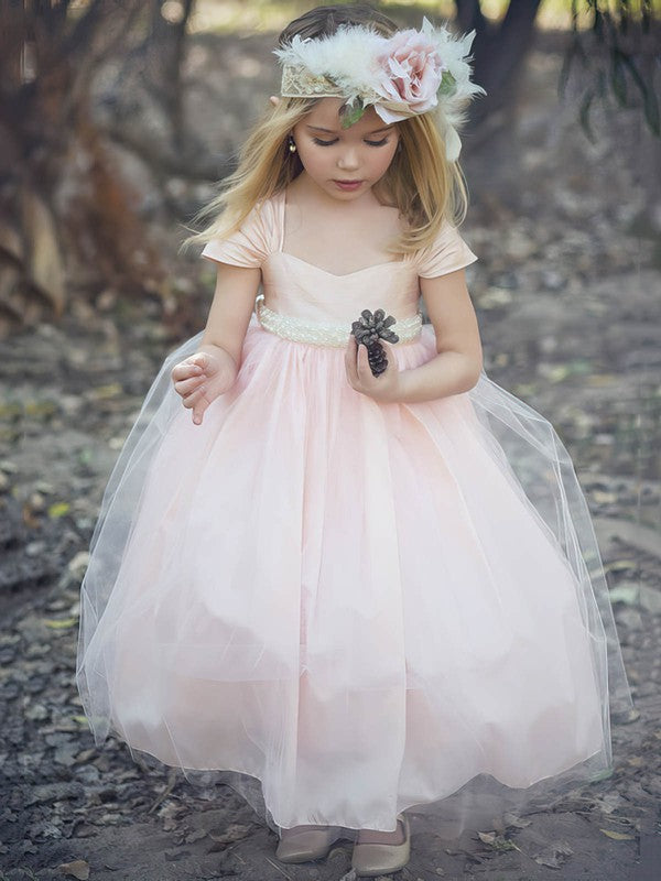 Beautiful Sweetheart Short Sleeves Ankle-length Ball Gown Tulle Flower Girl Dresses with Sash