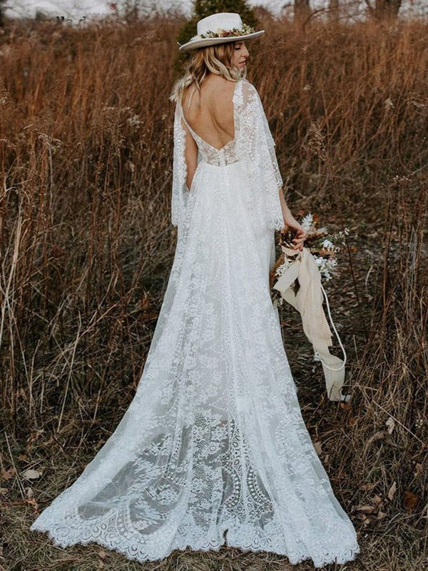 Classic Backless A-Line V-Neck Lace Wedding Dresses with Sweep Train