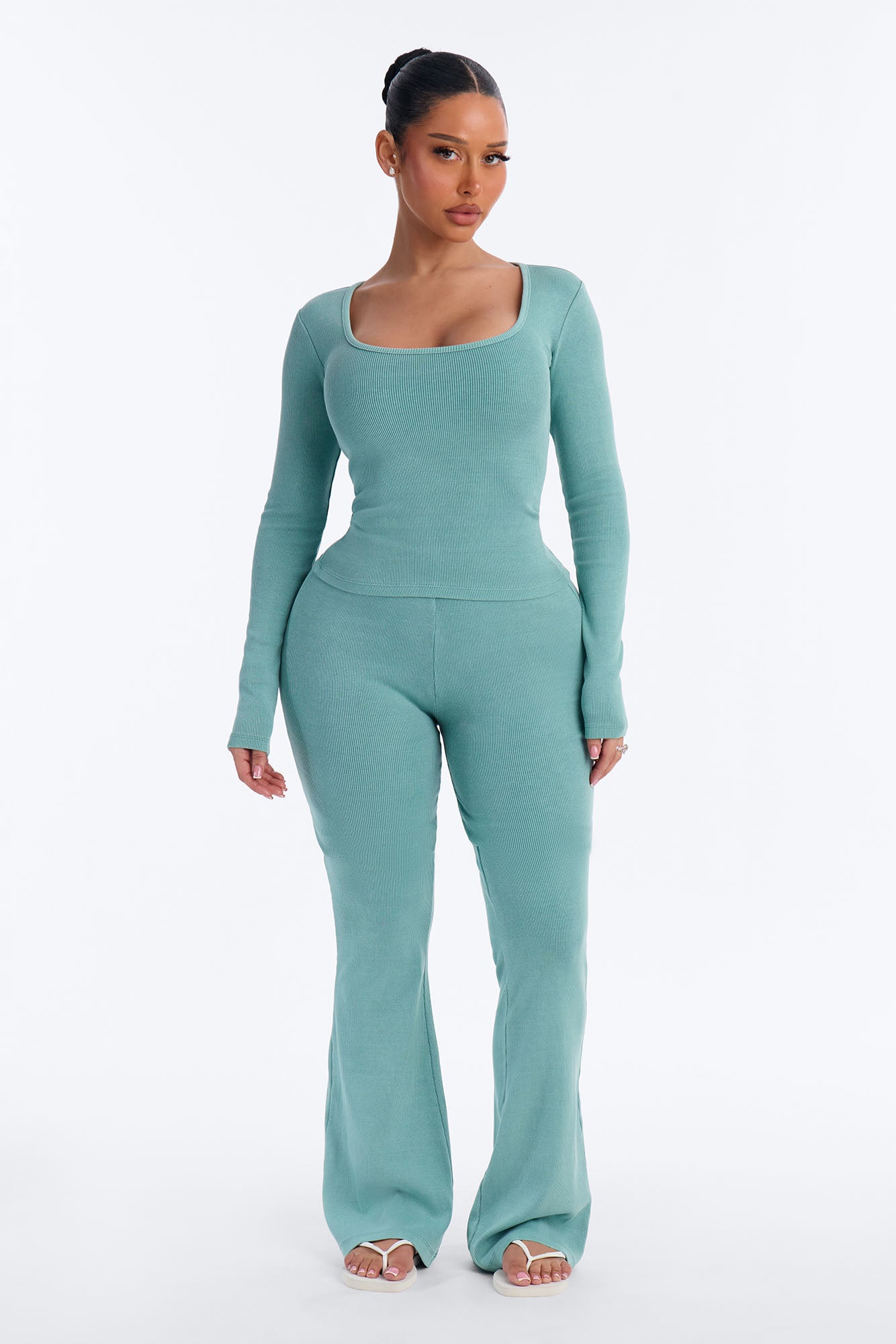 Tony Washed Ribbed Long Sleeve Flare Pant Set - Washed Sage