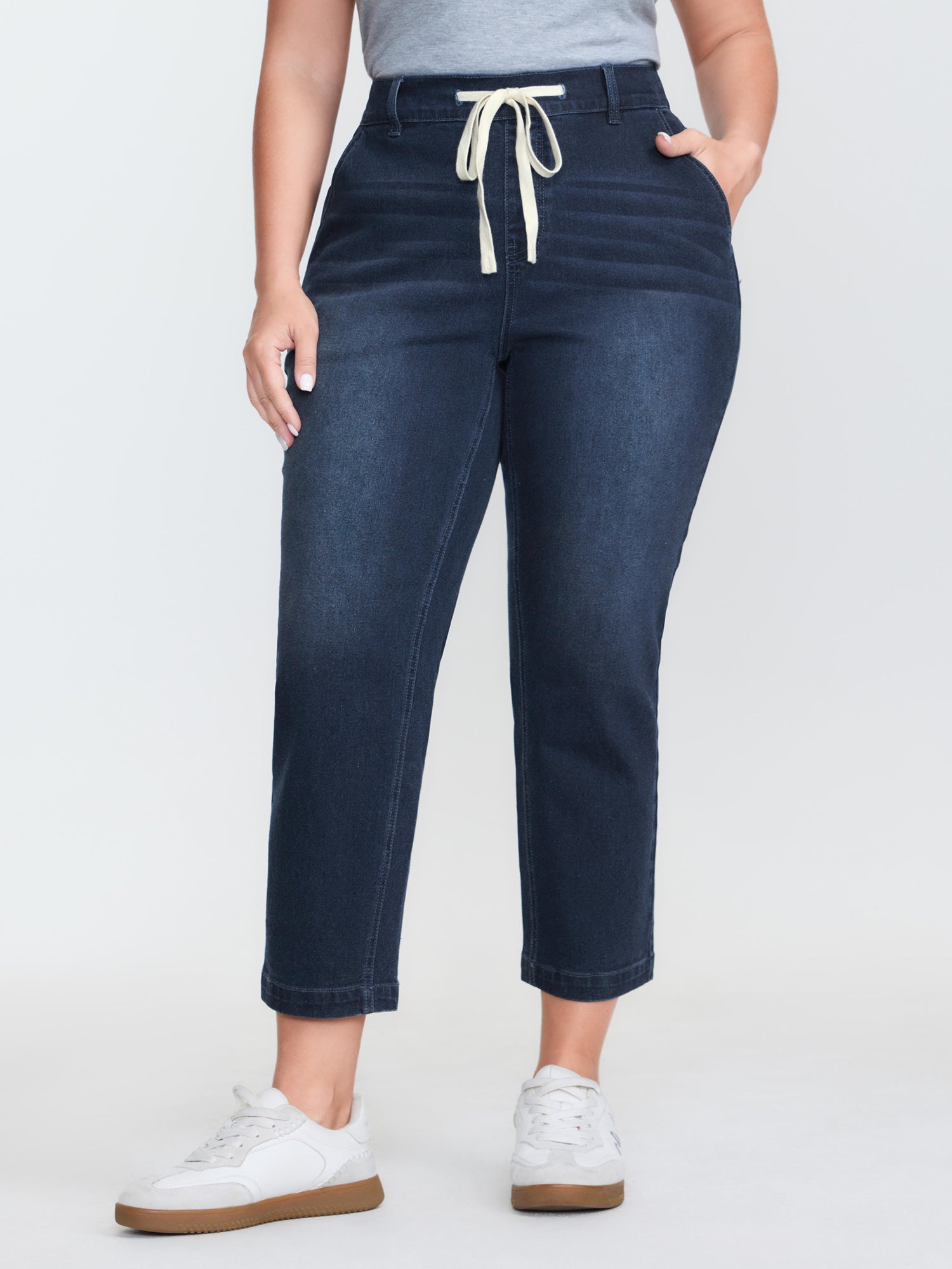 Drawstring Waist Stretchy Straight Leg Jeans