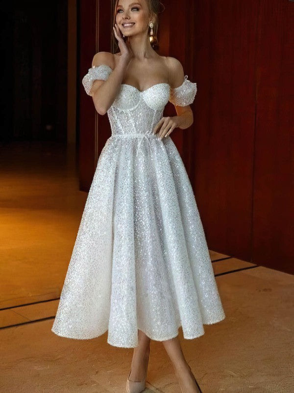 Gorgeous Off-The-Shoulder Sweetheart Sequined Tea-Length A-Line Wedding Dresses