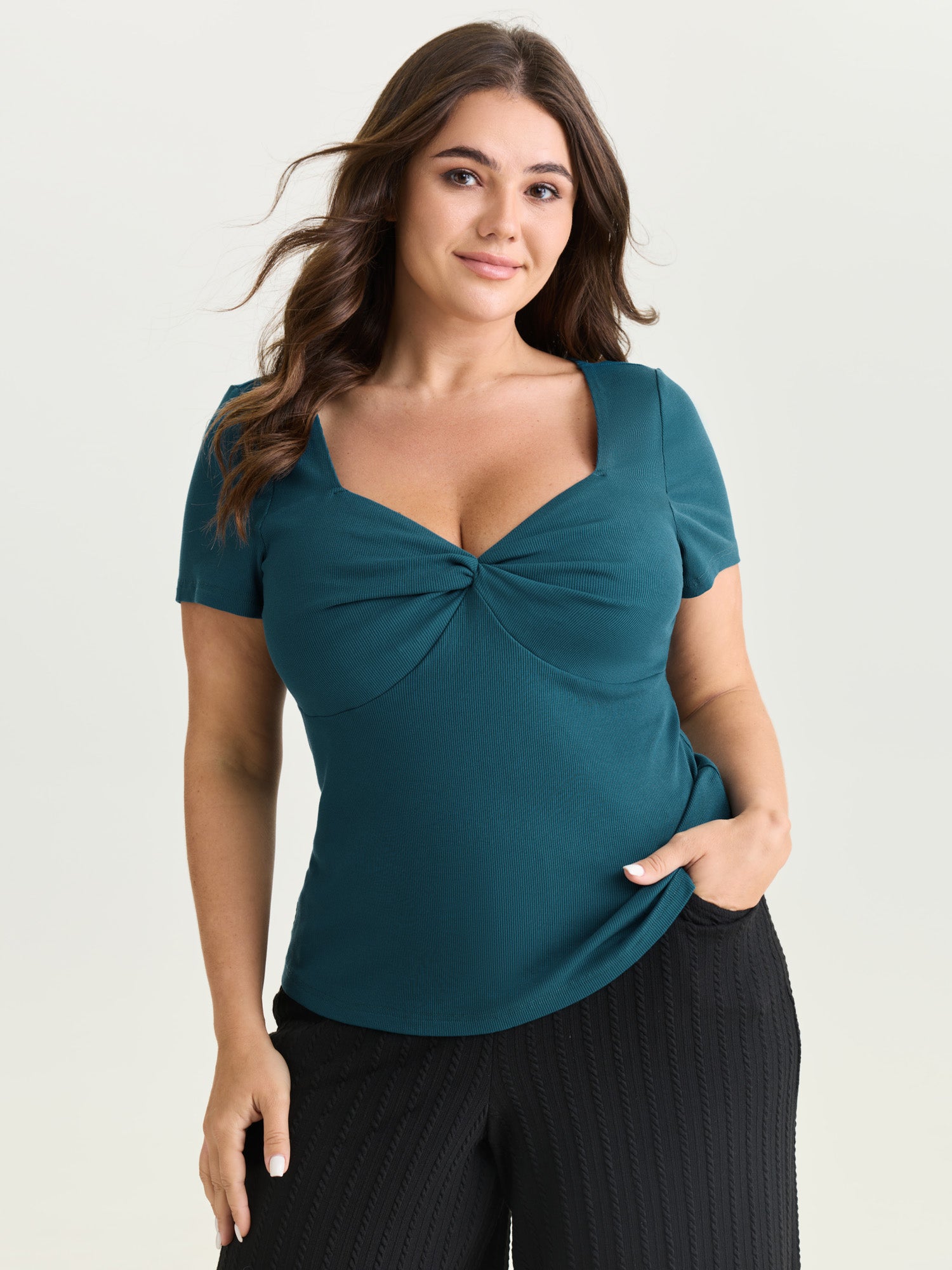 Supersoft Stretchy Ribbed Sweetheart Neckline Knit Top