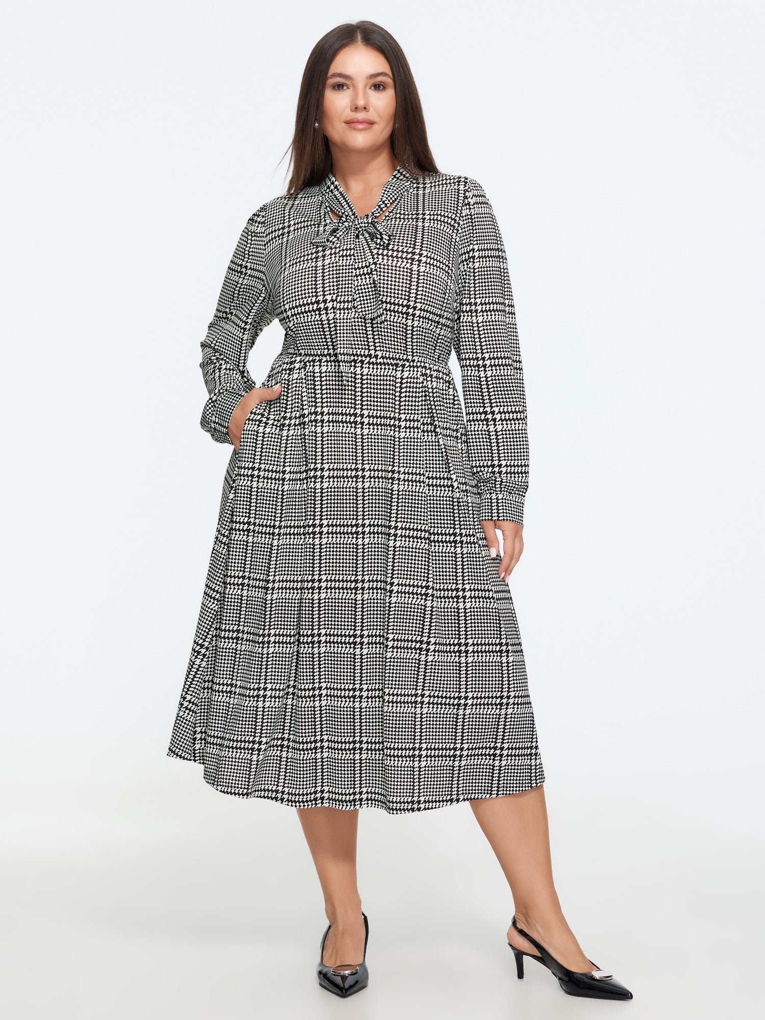 Bow Tie Neck Plaid Long Sleeve Midi Dress