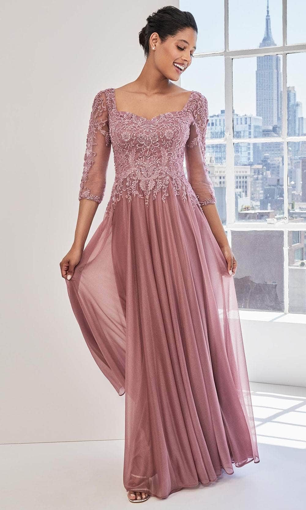 MGNY By Mori Lee 73125 - Embroidered Quarter Sleeve Evening Dres