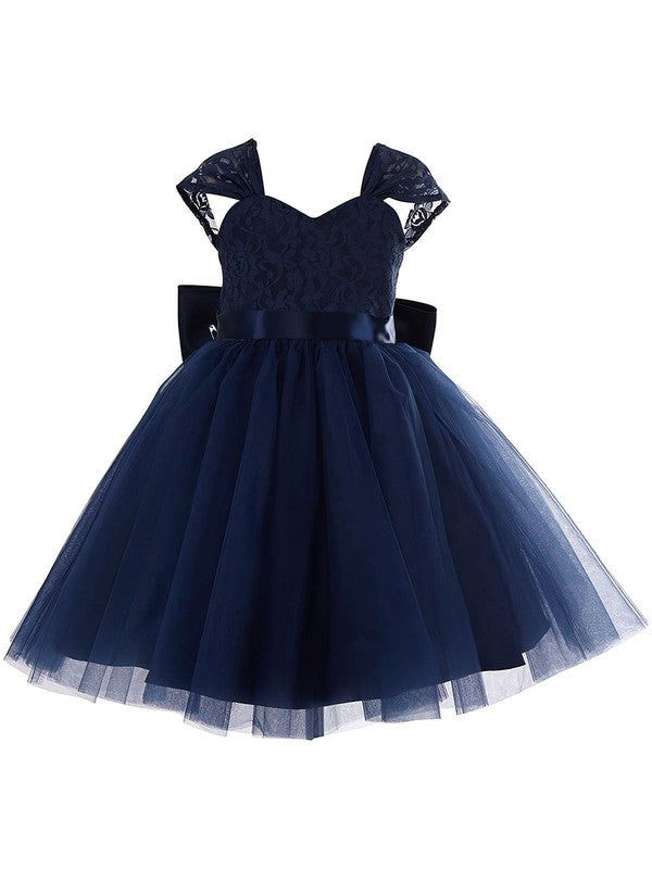 Trendy Capped Sweetheart Lace Tulle Flower Girl Dresses with Bow