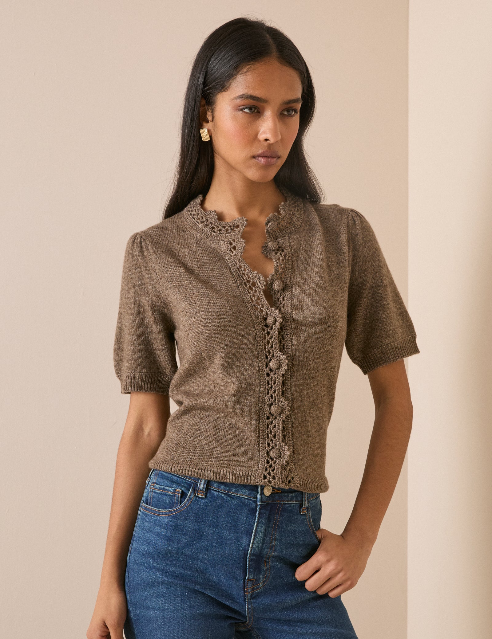 Taupe Wool-Blend Crochet Trim Cardigan