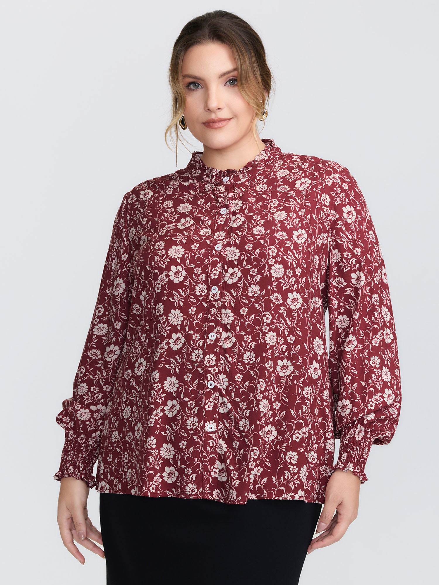 Floral Ruffled Collar Button Down Blouse