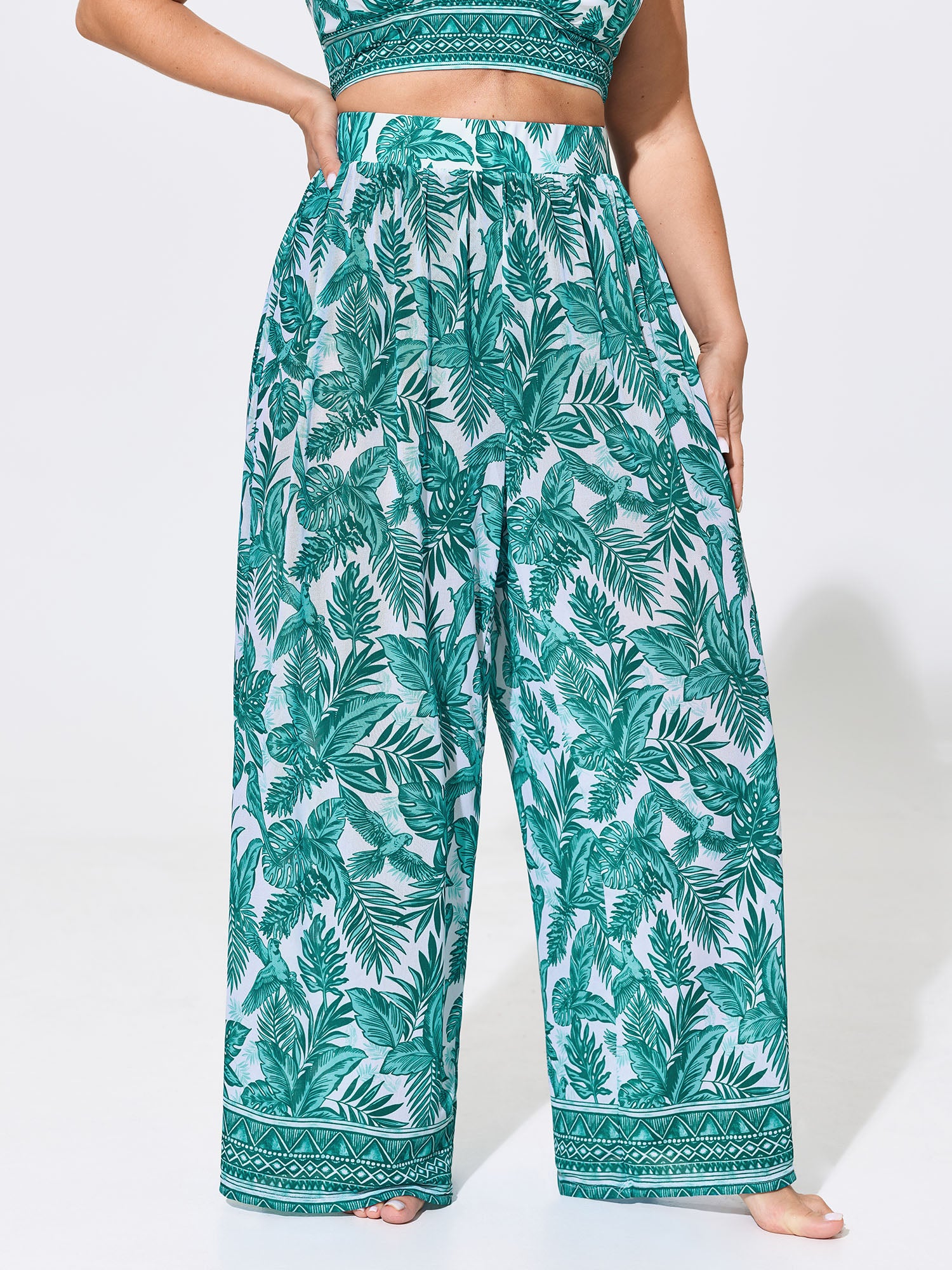 Two-Piece Tropical Print Sheer Wide-Leg Swim Bottoms