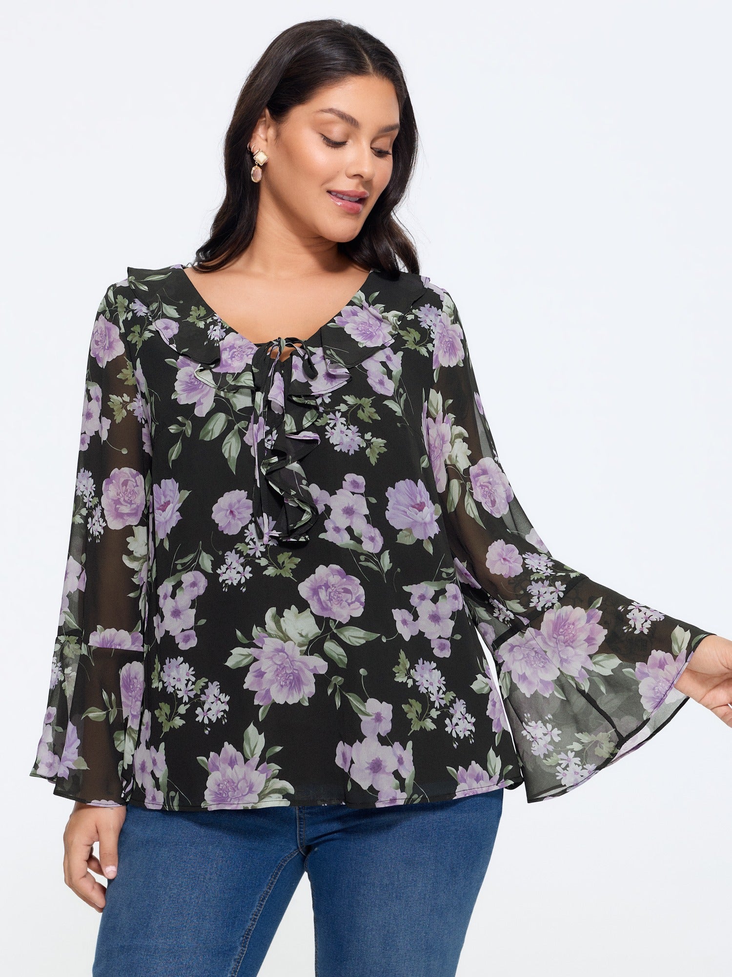 Floral Print Ruffle Trim Bell Long Sleeve Blouse